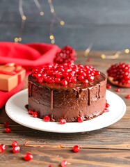 Chocolate cake decorated with pomegranate seeds
