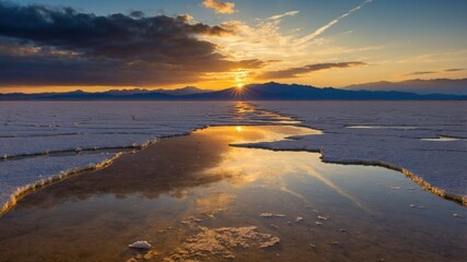 Serene sunset over a vast salt flat reflecting golden hues with distant mountains under a colorful sky