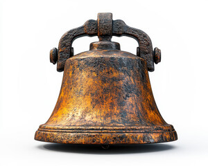 Fototapeta premium Hyperealistic high-quality image of a rustic antique bell with a weathered surface, isolated on a pure white background, front view