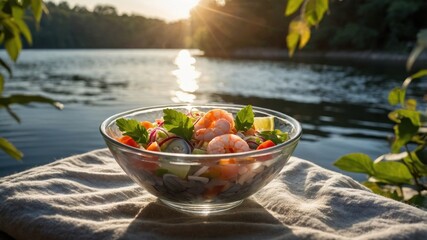 Fresh shrimp salad in a glass bowl on a table by the serene lakeside at sunset, evoking relaxation