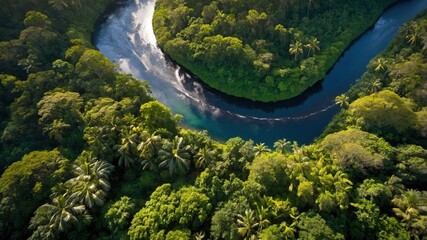 Aerial view of a lush green river winding through dense tropical forest under clear blue sky