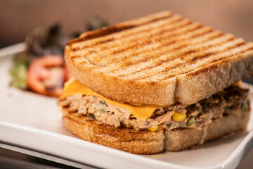 close up picture of grilled tuna melt sandwich