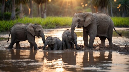 Family of elephants playing in a serene waterhole during sunset, surrounded by lush greenery