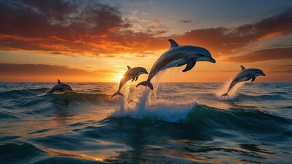 Dolphins leaping gracefully above ocean waves during a vibrant sunset, showcasing nature's beauty