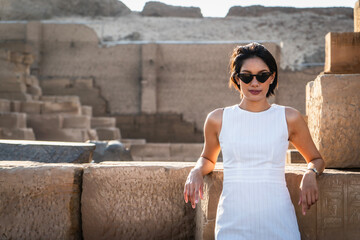 Women exploring the temple of Kom Ombo close to the river Nile / Egypt