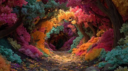 Colorful forest tunnel. Vivid trees, path,  bright colors