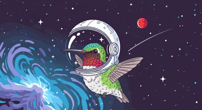 Hummingbird in astronaut helmet floating in space near nebula, stars, and red planet, creating a whimsical and cosmic illustration