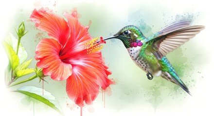 Watercolor painting of a hummingbird feeding on a vibrant red hibiscus flower, showcasing delicate details and soft, blended colors