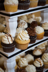 Assorted Frosted Cupcakes on Tiered White Stand