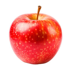 Close up shows ripe red apple with stem fully visible on transparent background