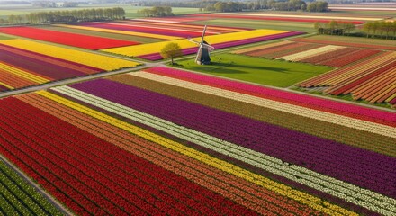 Obraz premium Aerial view of vibrant multi-colored tulip fields and a traditional windmill in rural Holland during spring.