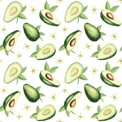 Avocado whole and halfs with leaves and flower watercolor seamless pattern for food or cosmetic desing. Hand drawn illustration of exotic tropical fruit, vegeterian healthy eating. Green vegetables.