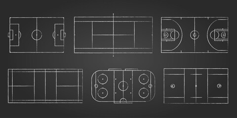 Collection of 6 sport fields top view including soccer, tennis, hockey, basketball, lacrosse and badminton. Realistic stadium and court layouts for match, training and tournament use.