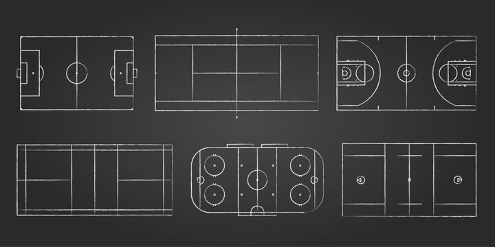 Collection of 6 sport fields top view including soccer, tennis, hockey, basketball, lacrosse and badminton. Realistic stadium and court layouts for match, training and tournament use.