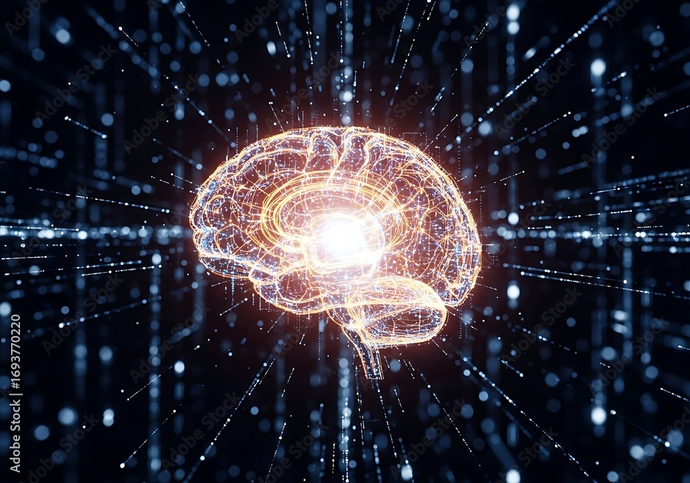Poster abstract glowing digital brain symbolizing artificial intelligence and neural network connections in