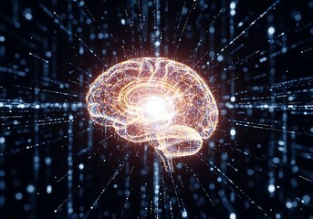 Abstract glowing digital brain symbolizing artificial intelligence and neural network connections in cyberspace