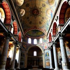 Interior of early christian basilica in Aquileia with famous mosaics, Friuli, Venezia Giulia, Italy
