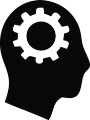 Silhouette of human head with internal cogwheel symbolizing thought process mechanism and intelligence concept