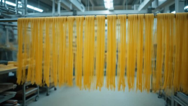 Pasta production on the production line. Macaroni and pasta factory. Raw spaghetti is hung in a pasta factory, swinging to dry. Food background for a restaurant or cafe. 4k video
