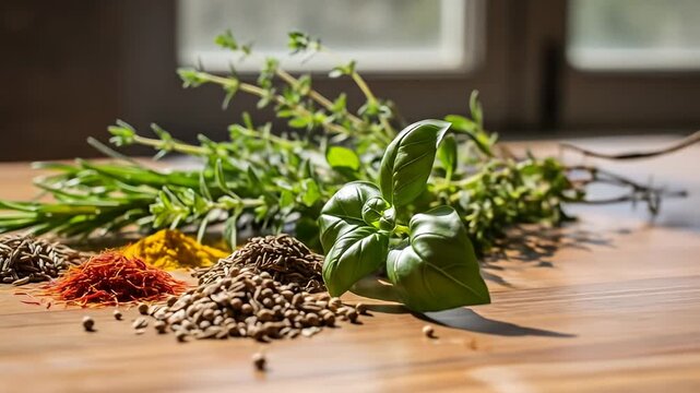 Spices and herbs laid out on a wooden table in a sunlit room by a window