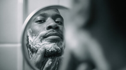 Black and white portrait of bearded man looking in mirror during morning grooming routine