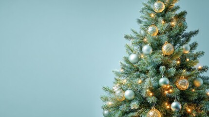 Merry Christmas holiday celebration greeting card background - decorated christmas tree with christmas baubles ornaments, isolated on blue background
