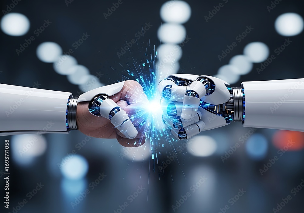 Poster robots shake hands symbolizing cooperation between artificial intelligence and humanity a bright fut
