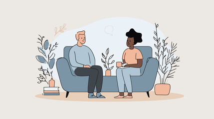 Two individuals are engaged in a friendly conversation while seated on a comfortable couch. The room features various plants, creating a warm atmosphere.