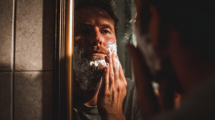 Man shaving with traditional razor and foam in bathroom mirror during classic morning grooming ritual