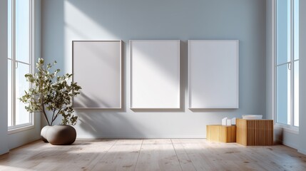 Modern interior with three blank frames and natural decor in a sunlit room