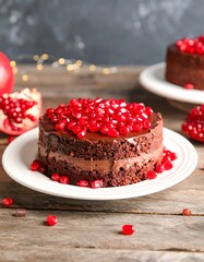 Chocolate cake with pomegranate seeds on a wooden table
