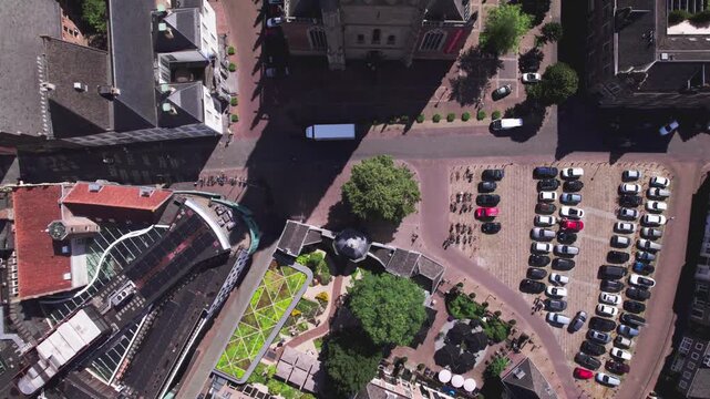 Zutphen, The Netherlands reveal of Walburgiskerk church tower and architectural detail top down aerial picturesque Dutch Hanseatic city