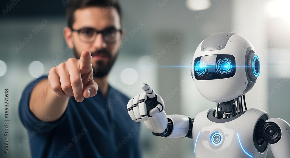 Poster man and modern robot interacting technology future innovation collaboration artificial intelligence 