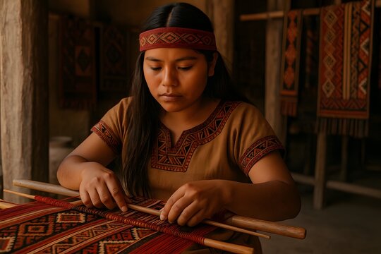 Remaja perempuan penduduk asli Amerika Selatan menenun kain tradisional