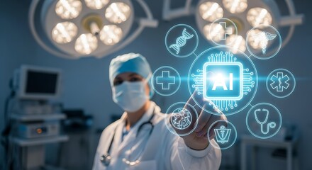 Surgeon interacts with futuristic holographic medical technology in operating room