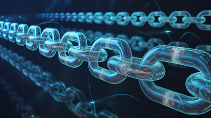 A blockchain concept with chain links in a row on a dark background