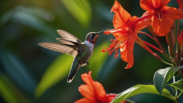 Hummingbird Feeding on Vibrant Orange Flower in Lush Garden, Capturing Nature's Beauty and Serenity - Powered by Adobe