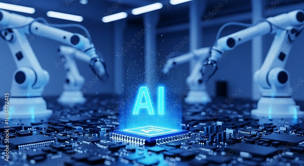 Poster robotic arms creating ai symbol above futuristic circuit board and microchip