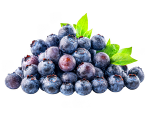 Freshly picked heap of blueberries with leaves shines vibrantly on transparent background