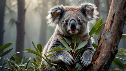Fototapeta premium A serene koala perched on a eucalyptus tree, surrounded by misty forest ambiance and soft light