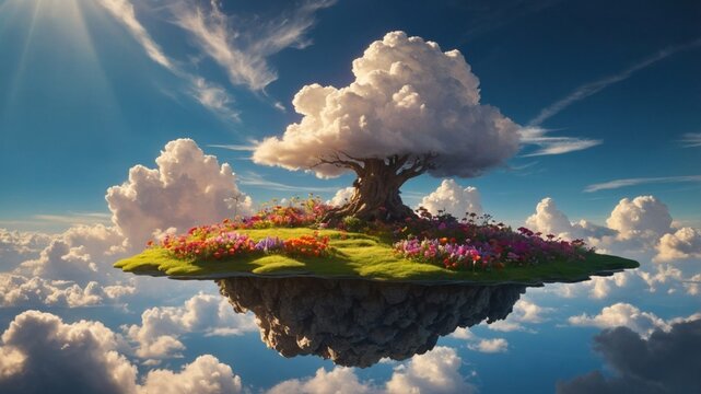 A serene floating island featuring a lush tree surrounded by vibrant flowers under a bright sky
