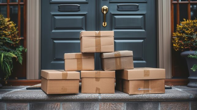 Delivery Boxes Stacked at Front Door Steps of House