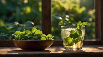 Refreshing mint drink served in a glass beside a bowl of fresh mint leaves, with a lush garden backdrop