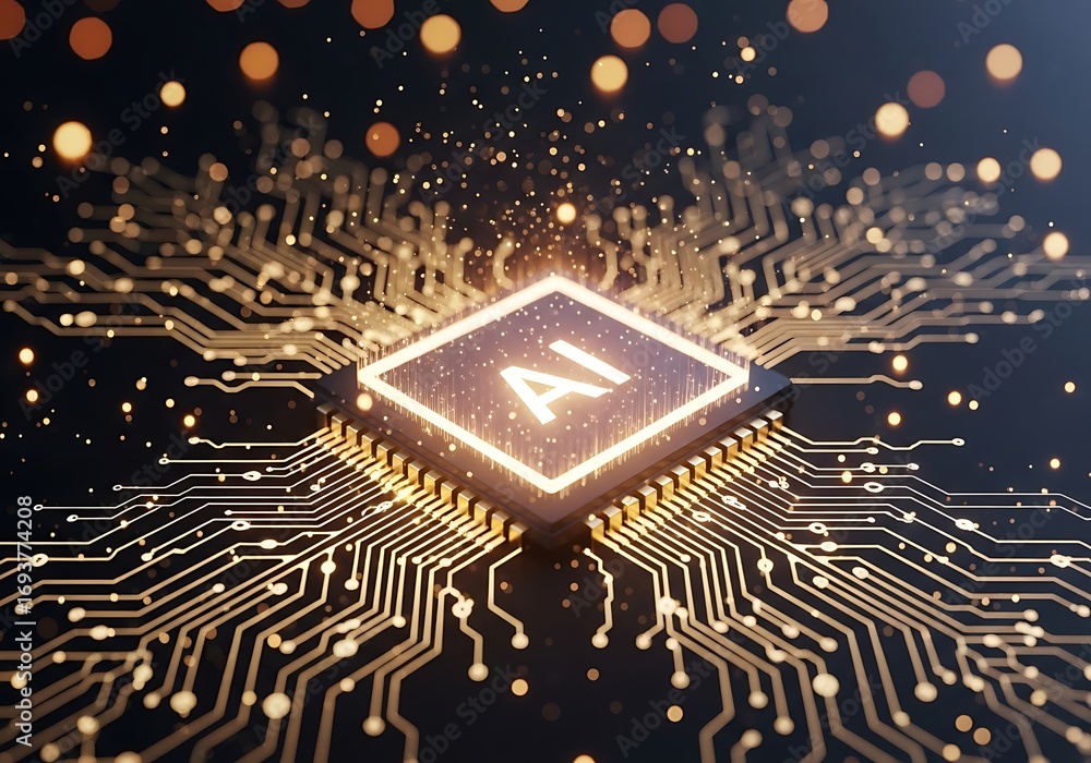Poster futuristic ai processor glows with digital circuits and bokeh lights technology concept