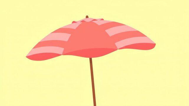 A simple flat vector illustration of a pink striped beach umbrella isolated on a sunny yellow background, symbolizing summer vacation and sun protection