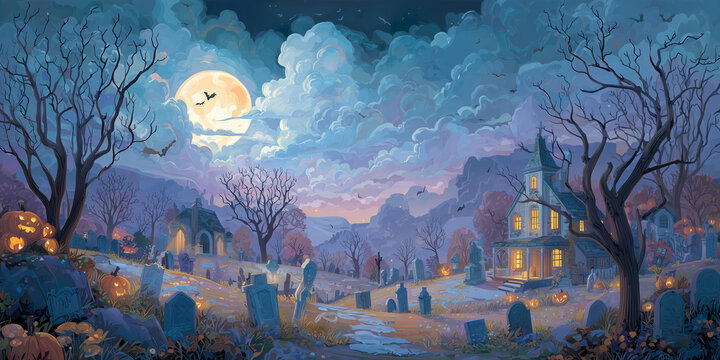 Sch&ouml;ner grafischer Halloween Hintergrund. Bunt Mystisch. Mit Mond und Horrorhaus.