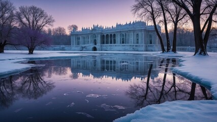 Serene winter landscape featuring a historic palace reflected in a partially frozen lake at dawn