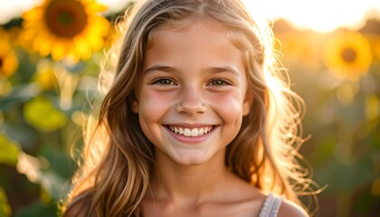 Fototapeta premium Smiling girl in sunflower field