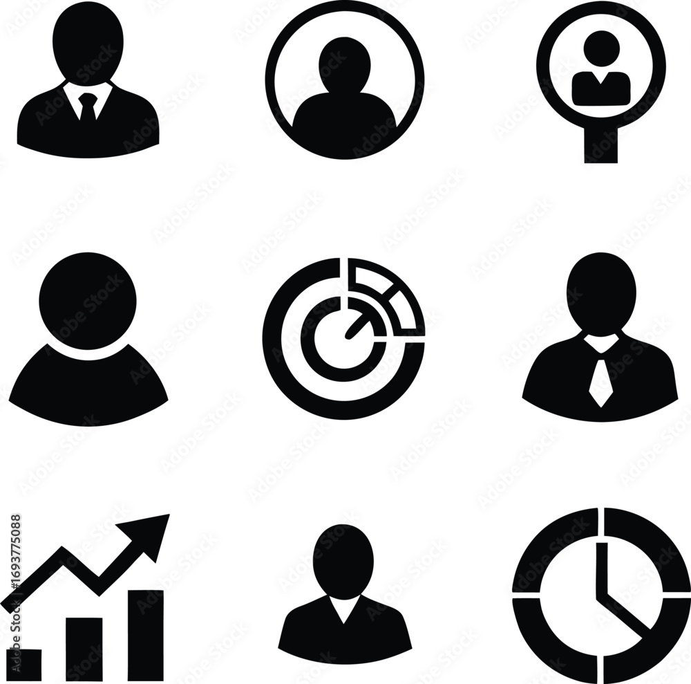 Poster collection of silhouetted user profile person icons pie chart bar graph and clock symbol set for bus