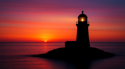 A majestic beacon stands tall against the vibrant evening sky, its light guiding ships home across the tranquil coastal waters